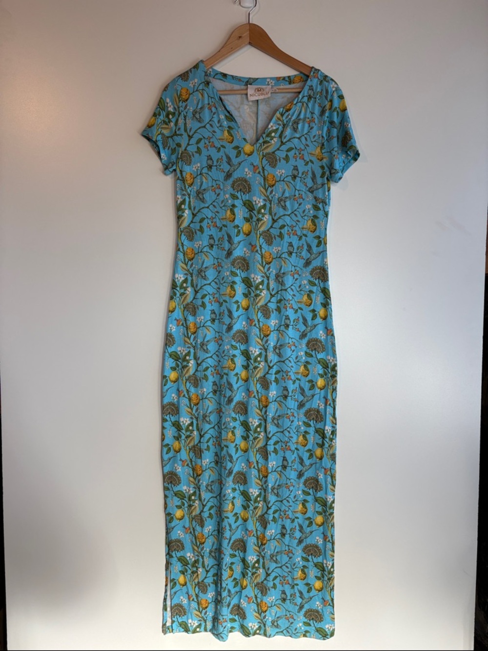 NicoBlu Flora Long Stretch Dress In Turquoise Hummingbird Print Medium - Picture 8 of 10